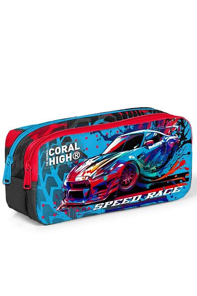 Coral High Γκρι και μπλε τσάντα μολυβιού με μοτίβο αγωνιστικού αυτοκινήτου για παιδιά - 12085