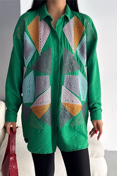 FURKAN EXCLUSIVE Benetton Green Oversize Shirt - Standard Sequin Sequin Embroidered