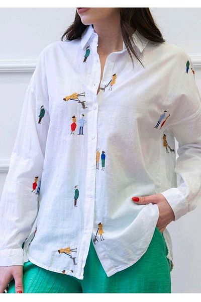 FURKAN EXCLUSIVE White Embroidered 100% Cotton Women's Shirt - Folding Sleeve