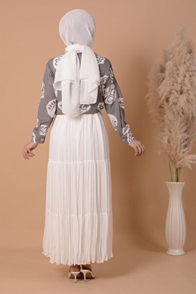 koçin butik Women's White Hijab Pleated Lined Chiffon Crepe Skirt