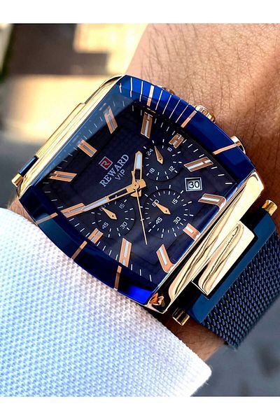 Reward 100% Original Custom Square Navy Blue Steel Mesh Band Men's Wrist Watch