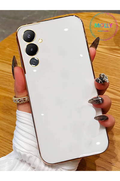 Molly حافظة سيليكون فاخرة لهاتف Tecno POVA 4 مع حواف بيضاء لؤلؤية وتفاصيل ذهبية