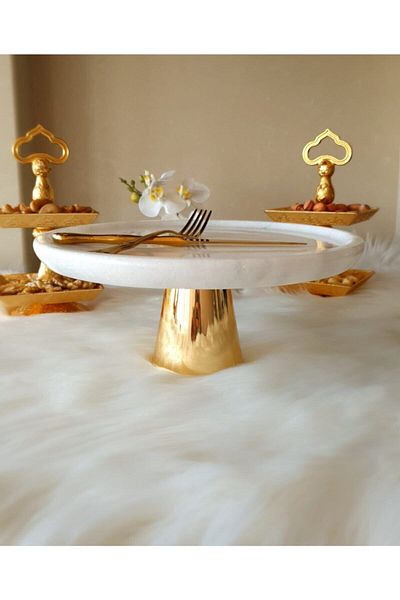 Panoramas Home Natural Marble Pastry Cake Stand with Brass Legs