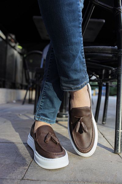 BZ Moda Мъжки класически обувки B127 Loafer-X - ортопедична подметка, ежедневни кожени пискюли, кафяви CBT