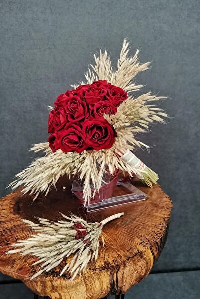 Kuru Çiçek Deposu Gelin Buketi Kırmızı Islak Güllü Gelin Buketi 2'li Set. Gel...