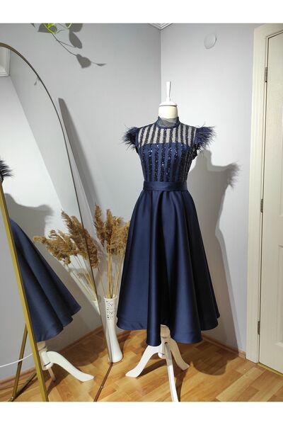 SEDABULBULTASARİM Kolları Tüylü Dantelli Transparan Straplez Midi Boy Kloş Etek Abiye Elbise