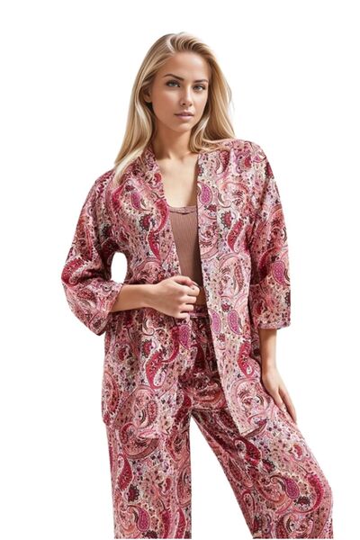 Cassime Kadın Şal Desenli Pembe Salaş Yazlık Plaj Kimono