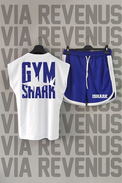 Vordevia Gym Shark White Sports T-Shirt and Blue Sports Shorts - Crew Neck, Zero Sleeve