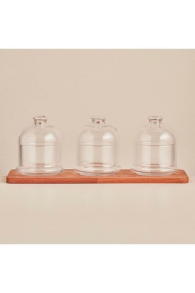 Multiamo 3 Piece Glass Jam Bowl with Wooden Stand