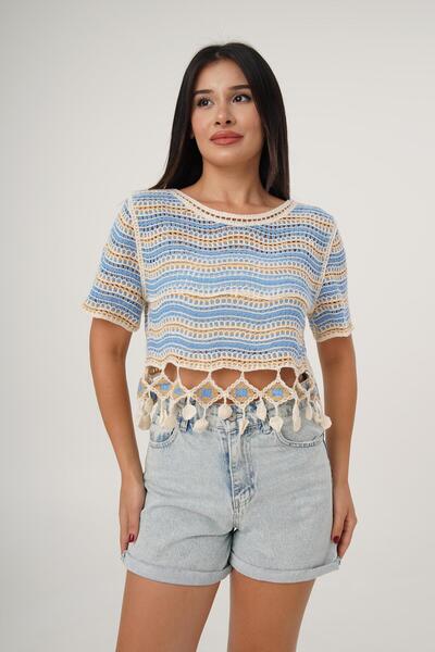 Hipo Trend Синій в'язаний кроп-топ - короткий рукав