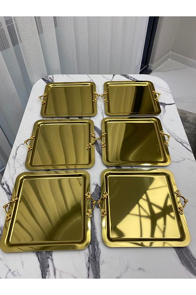 NEWTREND Züccaciye Luxury Square 6-Piece - Thin Handle Presentation Tray, Gold Plated - Tea, Coffee, Treat Serving 21x21