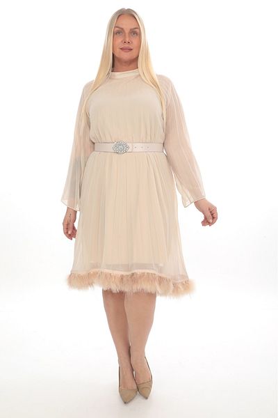 etselements X MODAPO Plus Size Women's Dress - Chiffon Pleated, Belt, Feather Lined