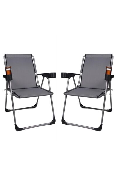 ALİN METAL Metal 140 Kg Taşima Kapasiteli 2'li Lüks Bardaklıklı Kamp & Piknik Sandalyesi 2 Kişilik Katlanabili