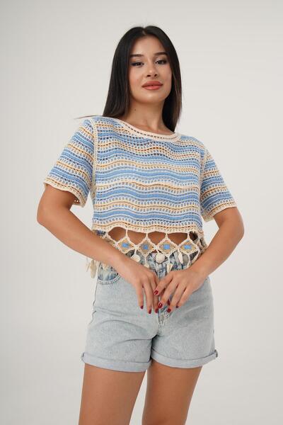 Hipo Trend Синій в'язаний кроп-топ - короткий рукав