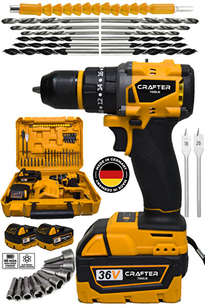 CRAFTERTOOLS 36V 5Ah Kömürsüz Motor Çift Akülü 10 Pilli Çelik Mandren Akülü Vidalama Darbeli Şarjlı Matkap