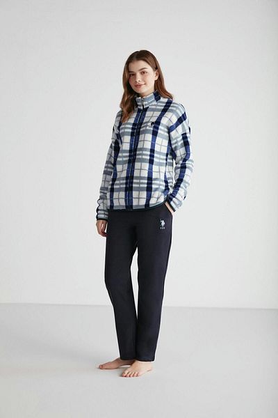 U.S. Polo Assn. Set de pijamale din 2 piese pentru femei, din bumbac, în carouri, albastru marin și alb, cu fermoar, picior drept, fleece