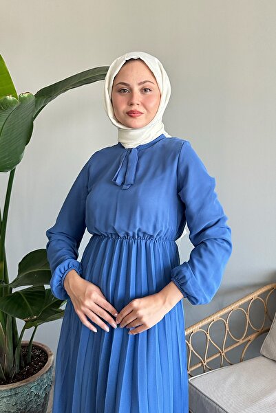 InStyle Piliseli Limelda İndigo Şifon Elbise