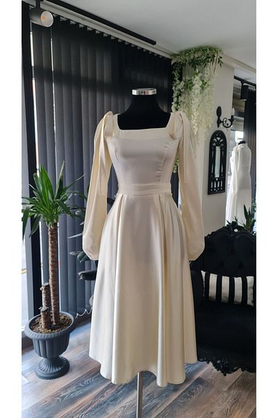 makbuleofficial Ekrubeyaz Satin, Bows on the Shoulder, Midi Length, Promise Engagement Homecoming Dress