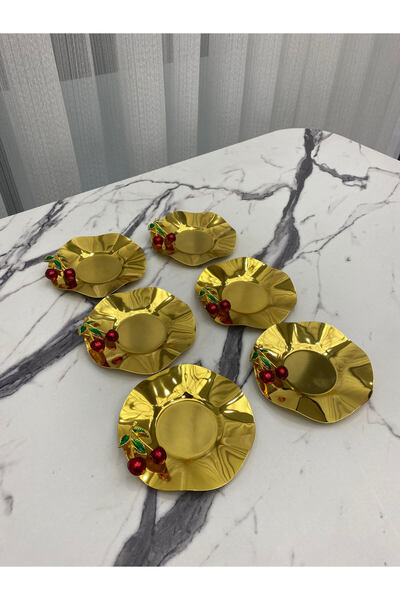NEWTREND Züccaciye Luxury Gold Wave - 6-Piece Stainless Metal Tea Plate with Cherry Detail