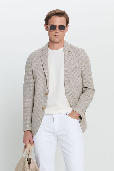 AC&Co / Altınyıldız Classics Slim Fit-Blazer aus Leinen – Herren, Braun, Mono-Kragen, karierte Beuteltasche