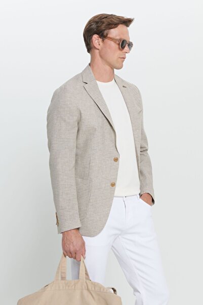AC&Co / Altınyıldız Classics Μπουφάν Flax Slim Fit Blazer - Ανδρικό, Καφέ, Μονό Γιακά, Καρό Τσέπες
