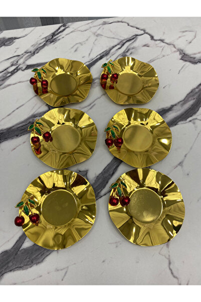 NEWTREND Züccaciye Luxury Gold Wave - 6-Piece Stainless Metal Tea Plate with Cherry Detail