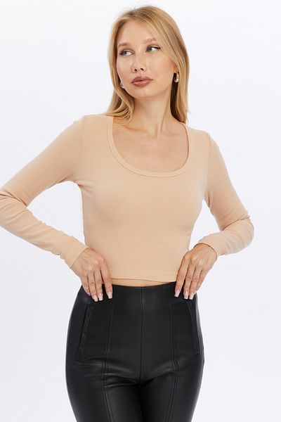 LAENT Μπλούζα με κορδόνι πλεκτή Crop - Χρώμα Camel, Crew Neck