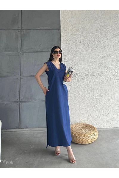 hazelin Γυναικείο αμάνικο φόρεμα με λαιμόκοψη σε μπλε ναυτικό με τσέπες - HZL24S-MJ13001