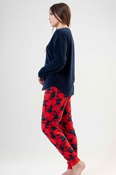 VİENETTA Kadın Polar Lacivert Yuvarlak Yaka Uzun Kollu Düşük Omuz Manşetli Desenli Pijama Takımı