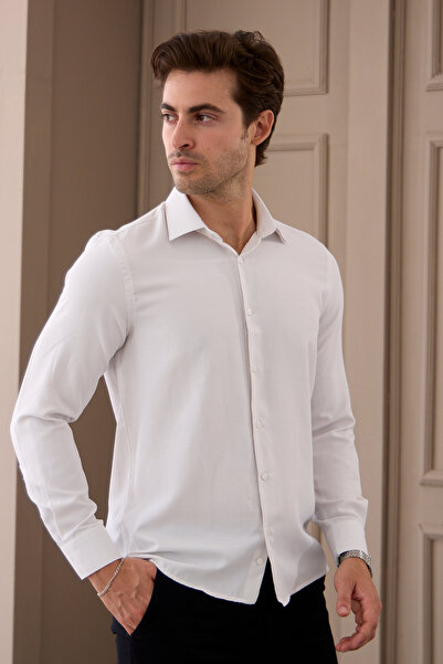 RAVANELLI Beige Slim Fit Classic Collar Patterned Cotton Shirt - Long Sleeve