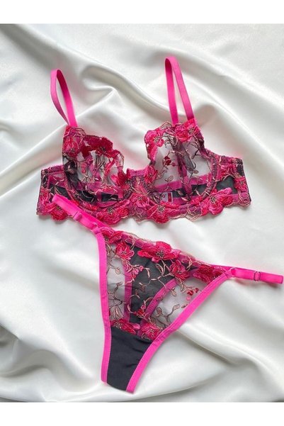 ARONA Sirius Lingerie Arona Fuşya Siyah Çiçek Nakış Işlemeli Dantelli Balenli Tanga Bralet Takım