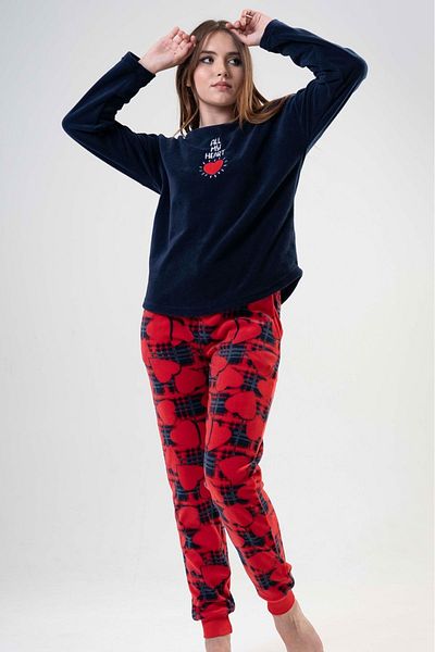 VİENETTA Women's Fleece Navy Blue Round Neck Long Sleeve Low Shoulder Cuffed Patterned Pajamas Set
