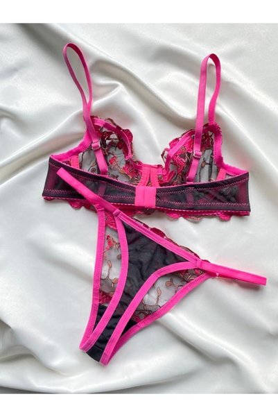 ARONA Sirius Lingerie Arona Fuşya Siyah Çiçek Nakış Işlemeli Dantelli Balenli Tanga Bralet Takım
