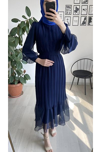 CYM Butik Πλισέ Μπλε Μπλε Μουσουλμανικό Φόρεμα