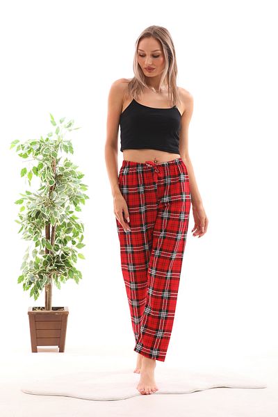Arvin Pijama Women's Plaid Printed Soft Textured Red Relaxed Summer Pajama Bottoms