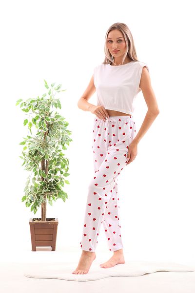Arvin Pijama Pantaloni de pijama de vară cu textura moale, imprimați cu inimă albă, cu panglică