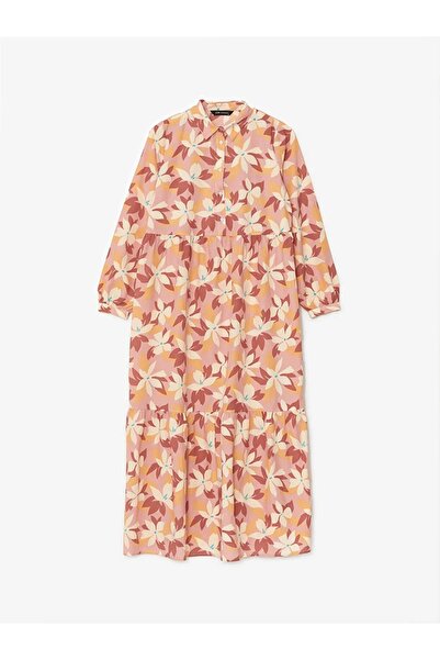 LC Waikiki Dámské šaty s dlouhým rukávem LCW Modest - Košilový límeček s květ...