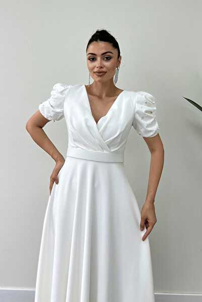 giyimmasalı Atlas Kumaş Balon Kol İnci Detaylı Midi Elbise - BEYAZ