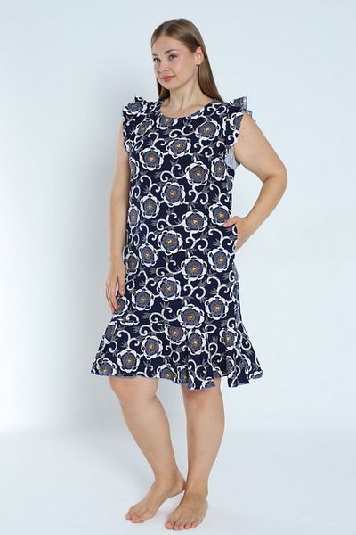 İntensive Navy blue plus size print - φόρεμα από 100% βαμβακερή τσέπη και βολάν μανίκια και φούστα
