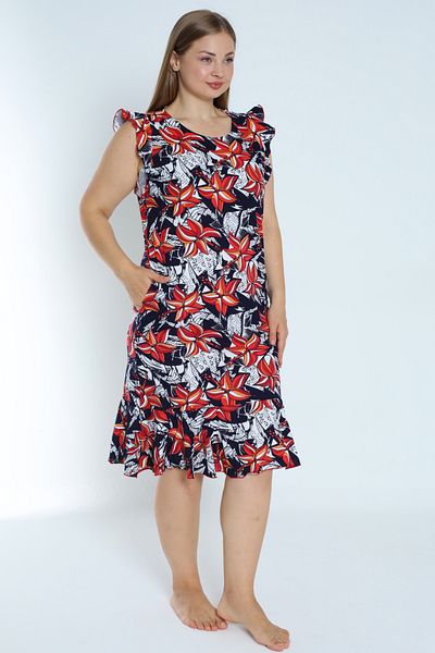 İntensive Navy blue plus size print - φόρεμα από 100% βαμβακερή τσέπη και βολάν μανίκια και φούστα
