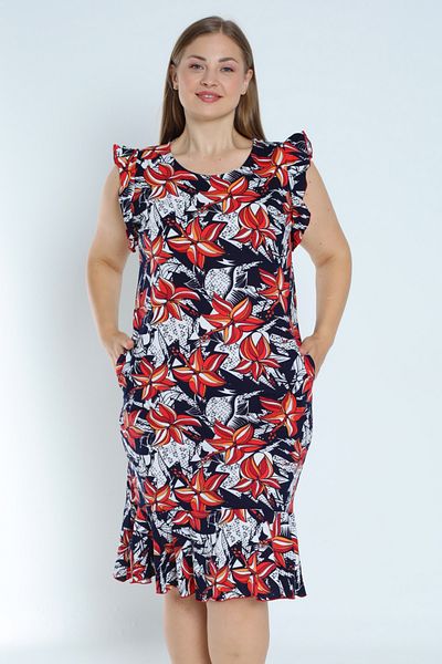 İntensive Navy blue plus size print - φόρεμα από 100% βαμβακερή τσέπη και βολάν μανίκια και φούστα