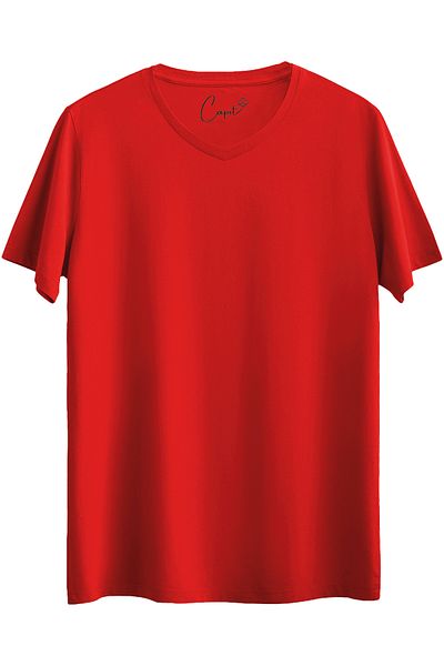 Çapıt 100% Cotton V-Neck Standard Cut Red Basic T-Shirt