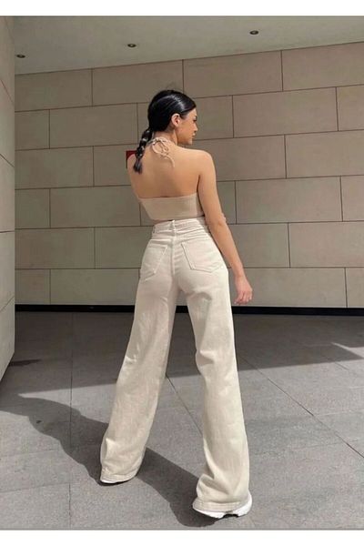 LAMİRAMOOD Ψηλόμεσο ελαστικό φαρδύ πόδι - ΜΠΕΖ Palazzo Jeans Blue Turtle