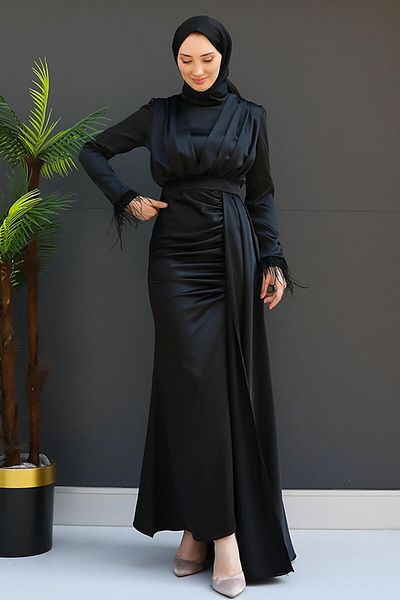 GİZ AGİYİM Μαύρο Σατέν Φόρεμα Hijab - Γούνινο