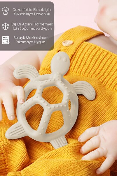 Meleni Baby Kaplumbağa Figürlü Bebek Dişlik - Diş Kaşıyıcı Bebek Dişliği - Bej