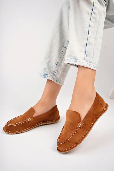 Deripabuc Tan Suede Genuine Leather Women's Loafer - Dp77-0601
