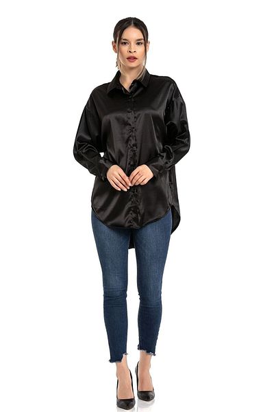 By Wocci Cămașă neagră cu croială casual din satin