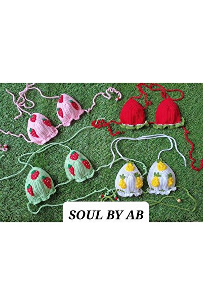 SOUL BY A&B El Örgüsü Çilek Çilekli Pembe Bikini Genç Kız Yaz Yazlık Beach Bikini Crop