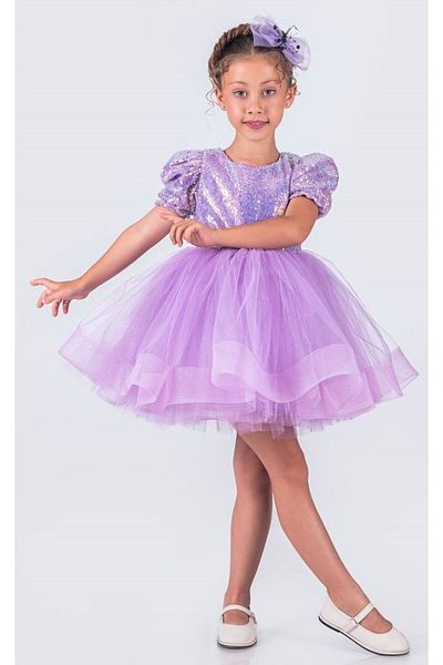 ABİYEKİDS Lilac Sequined Short Sleeve Ball Gown Pageant Gown April 23 Kids Evening Dress Aby162