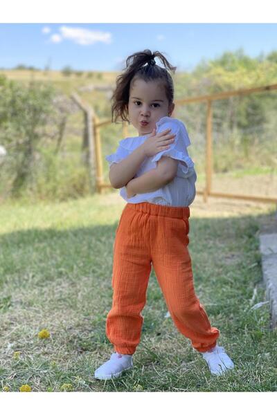 meqlife Unisex Çocuk Müslin Kumaş pantolon Cepli Pacası Latikli Pantolon Turuncu